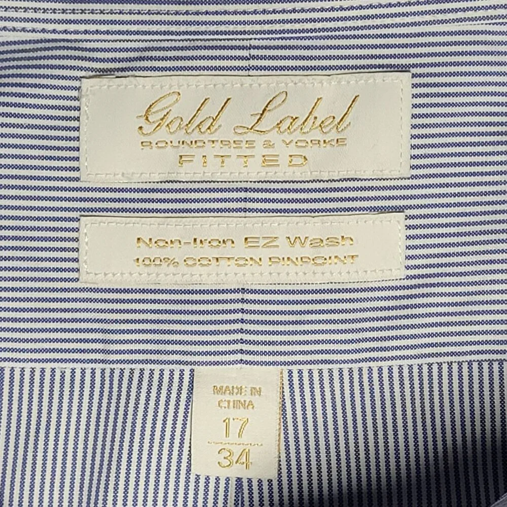 Roundtree & Yorke Mens Blue and White Striped Button Up Shirt Size 17 / 34 - Picture 5 of 11